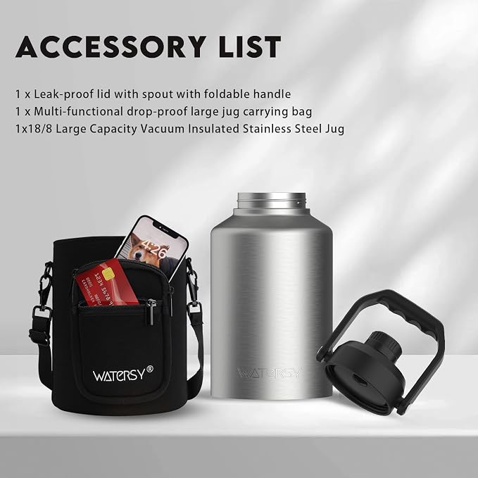 WATERSY Half Gallon Water Bottle Insulated(Cold for 48 Hrs),BPA Free&Leak Proof,64oz Stainless Steel Water Jug/Flask,Big thermo,Large Water Bottle with Handle for Gym,Hiking,Camping,Stainless