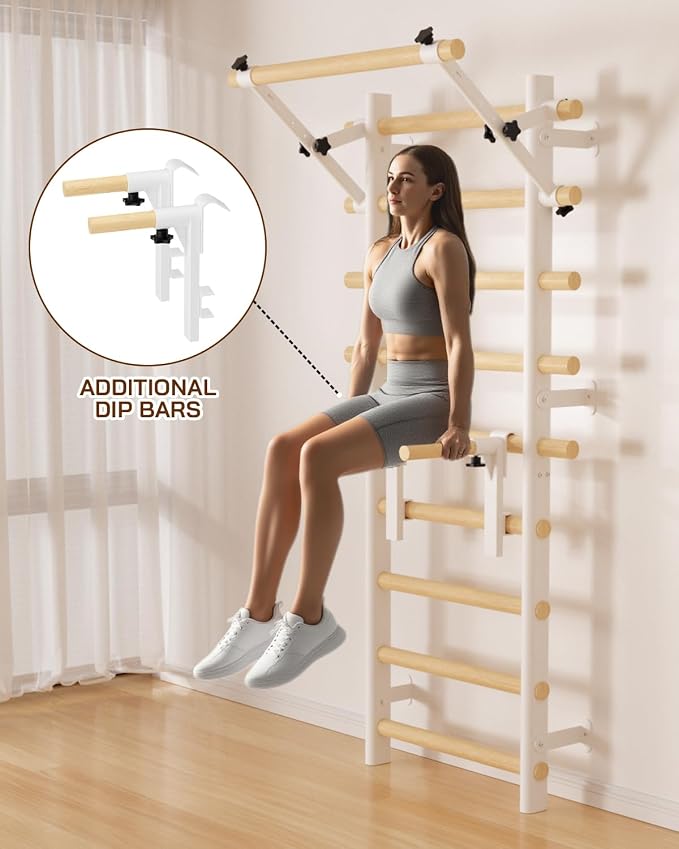 Swedish Ladder Wall Gym, Wooden Wall-Mounted Stall Bars with Pull-up Bar & Exercise Straps & Dip Bars, Stretching Ladder Full Body Home Gym Adults New