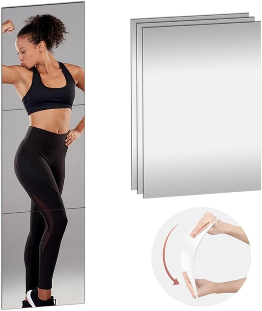 3PCS Mirrors Tiles 18" L x 12" W Gym Mirrors Wall Mounted Mirror Bendable Acrylic Frameless Full Length Mirror Tiles for Home Gym Bedroom Door & Bathroom