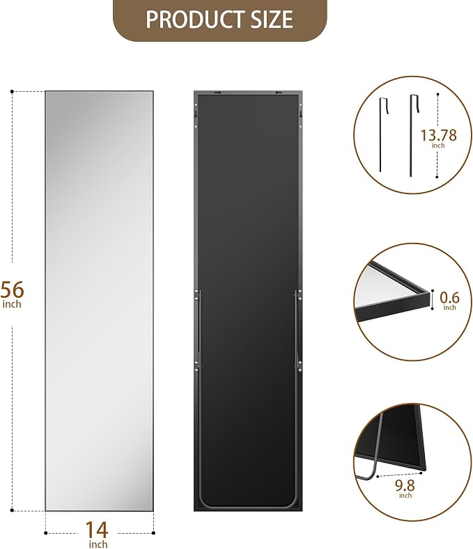 Antok Full Length Mirror, 56"x14" Floor Mirror with Stand, Hanging Mounted Mirrors for Bedroom, Living Room, Cloakroom, Dining Room, Black, Rect