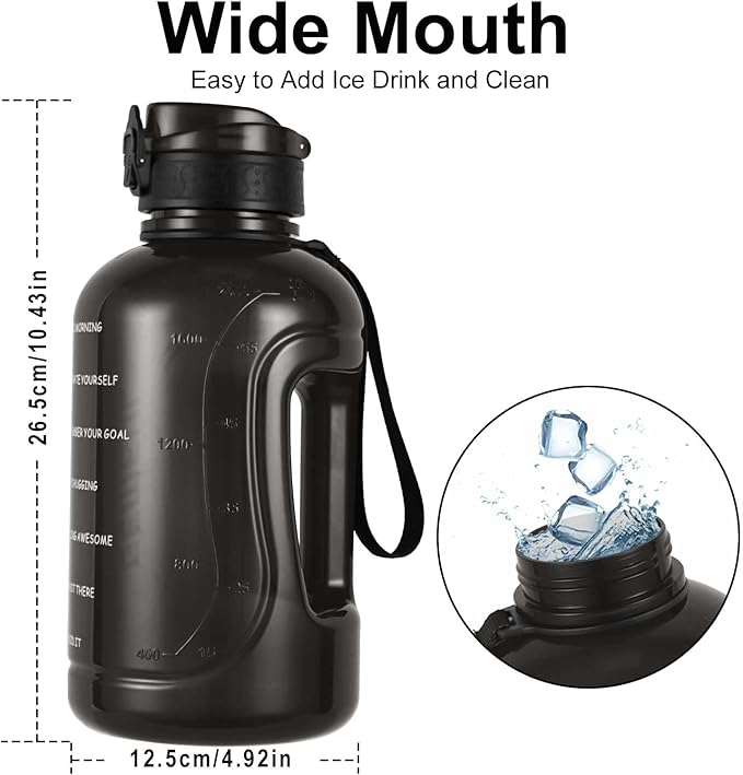 GEMFUL 2 Liter Water Bottle with Time Marker & Handle for Workout (Black) | BPA-Free, Leak-proof, 64oz Capacity, Tracks Daily Intake,Strawless, Chug Lid, for Gym, Fitness, Hiking, Sport, Camping