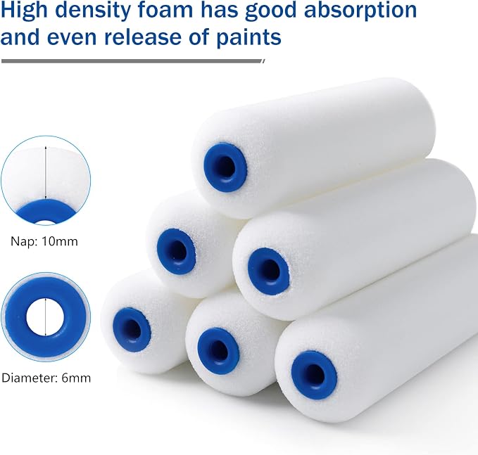 Mister Rui Mini Foam Paint Roller, 10 Pack, 4 Inch Small Paint Roller | High Density Mini Foam Rollers for Painting, Trim, Cabinets, Doors, Professional or DIY Use and Home Improvement