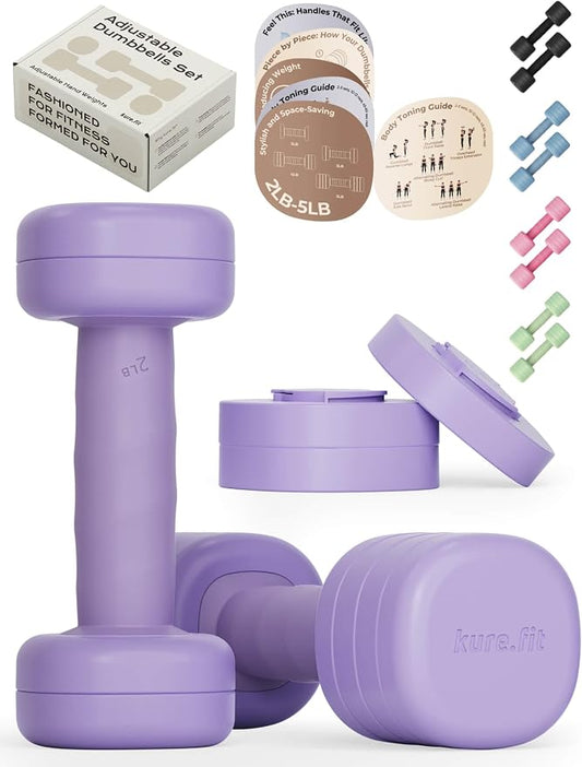 Adjustable Dumbbell Set｜2LB 3LB 4LB 5LB Light Hand Weights for Women｜One-Twist Weight Adjustment｜Non-Slip Curved Grip Handle｜Free Weights for Home Gym, Rehab, Pilates, Yoga, Strength Training