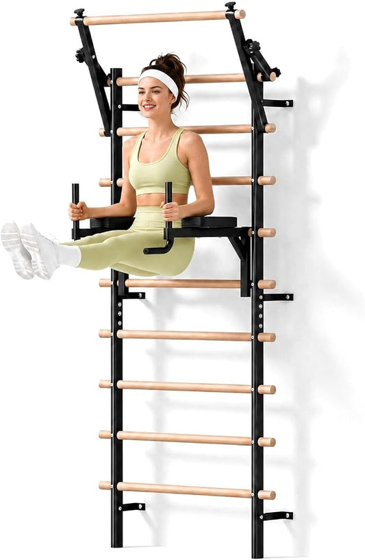 LIFERUN Swedish Ladder Wall Gym with Adjustable Pull-Up & Dip Bar | 92" Solid Beechwood, 264Lbs Capacity, Wall Mounted 9 Anchor Rods, Ideal for Home, School, Therapy & Gymnastics Training