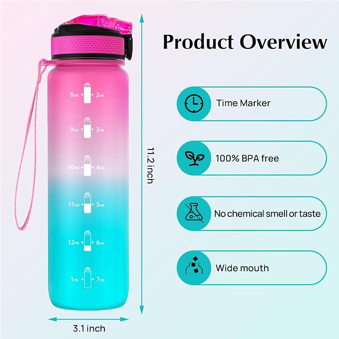 EYQ 32oz Water Bottle with Straw, Time Marker, Blue Purple | Blue Purple Tritan, BPA Free, Time Marker, Leakproof Lock Lid, Wide Mouth, for Gym, School, Office and Travel