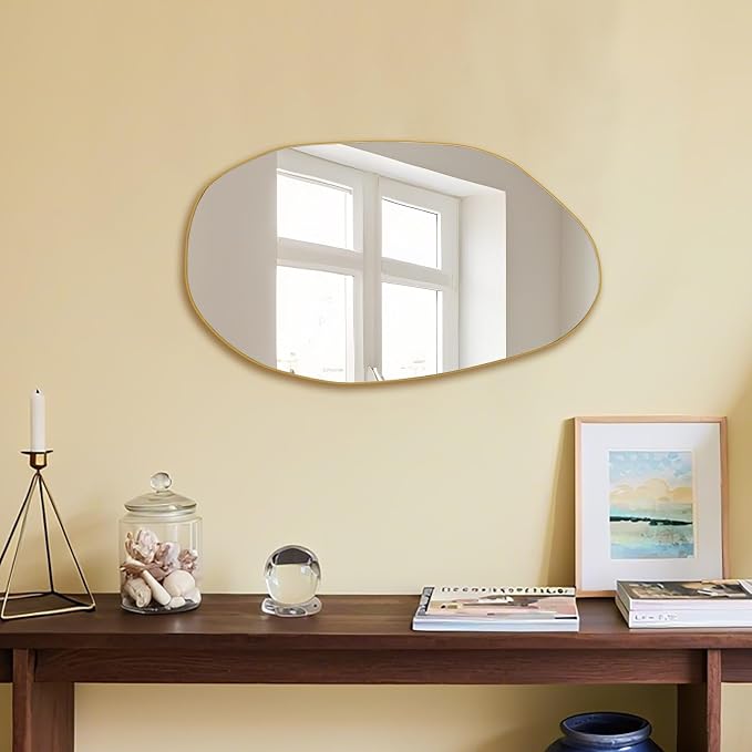 BOMINICA Irregular Wall Mirror Asymmetrical Mirror, Decorative Wall Mirror Golden Wood Framed, Wall Mounted Mirror for Bathroom Living Room Entryway Bedroom Hallway (Gold, 19.5" x 33.5")