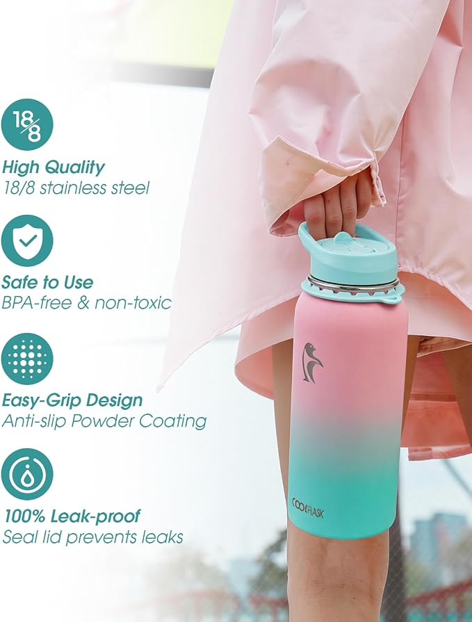Coolflask 32 oz Water Bottle Insulated Stainless Steel with Strap | Metal Water Flask with Straw & Spout Lids, Triple-Wall, Cold 48+h, Dishwasher Safe, Leakproof, BPA-Free, for Gym & Hiking