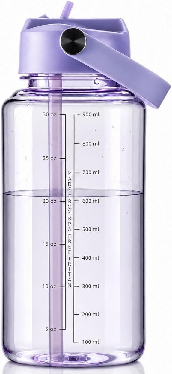 OLDLEY 32oz Water Bottle with Straw,Leakproof Tritan Clear Bottle with Marked Bottle and Carry Handle,BPA-Free Wide Mouth Reusable Sports Water Bottle for Gym,Hiking,Camping,Travel,Workout,Lilac Mist
