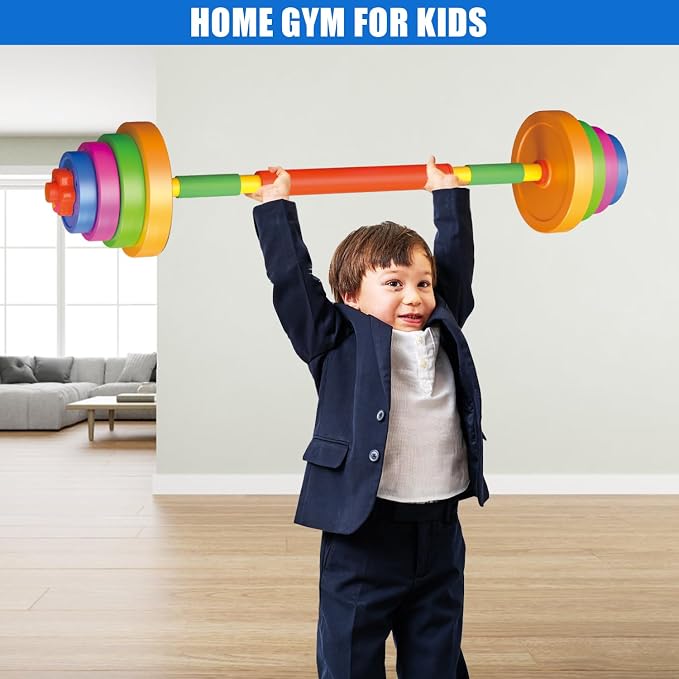 Kids Exercise Weight Set, Barbell and Dumbbell Workout Equipment, Toddler Beginner Gym Toy for Pretend Play Lifting Exercise & Fitness, Adjustable Fill with Sand or Water