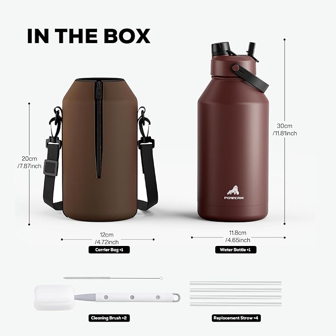 POWCAN 64 oz Insulated Water Bottle with Carrier Bag, Leakproof, Straw and Spout Lid, Keep Cold 48H, Cleaning Brush, BPA-Free, Stainless Steel Water Bottle for Travel, Sports and Picnic (Cocoa)