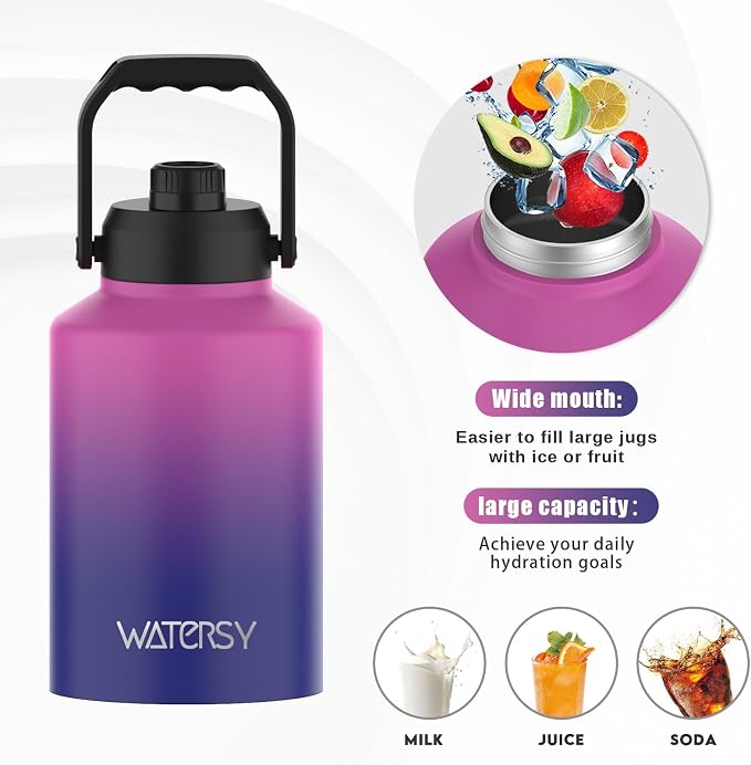 WATERSY 1 Gallon Water Bottle Insulated(Cold for 48 Hrs),BPA Free&Leak Proof,128oz Stainless Steel Water Jug,Big thermo,Large Water Bottle with Handle for Gym,Hiking,Camping&Travel,Gradient Purple