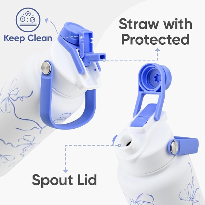 KEWIXY 32 oz Bow Water Bottle, 2-in-1 Lid, Straw & Spout with Protected, Leak Proof, Keep Cold, Stainless Steel, Metal, Reusable, Handle, for Travel, Gym and School, Breeze Blue Bow