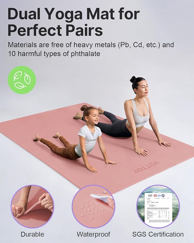 YOTTOY Large Yoga Mat (75 * 52 * 1/2inch),Extra Wide TPE Exercise Mat,Non-Slip Workout Mat for Pilates, Fitness, Barefoot, Home Gym Studio with Strap and Towel