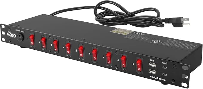 Tecmojo 9-Outlet Rack Mount PDU,1U Horizontal PDU Individual Switch 6ft Cord, with 2USB and 2 Type-C,for IT and Network Racks and Cabinets