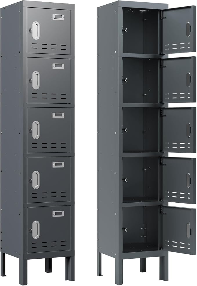 BUTISOW Metal Storage Locker with Lock & Card Slot Locker - Secure Lockable Door - Steel Locker for School, Office, Gym, Home - 66.15" H x 11.8" W x 11.8" (5 Door, Grey)