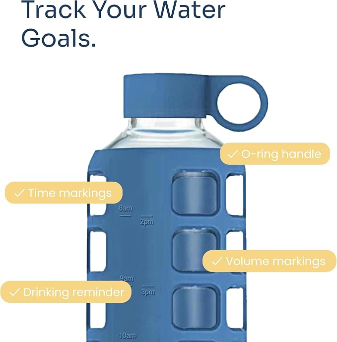 purifyou 40oz / 32oz / 22oz / 12oz Borosilicate Glass Water Bottle with Time & Volume Markers, Silicone Sleeve, Stainless Steel Lid | Reusable Glass Bottle for Water & Juice (40oz Chinese Porcelain)