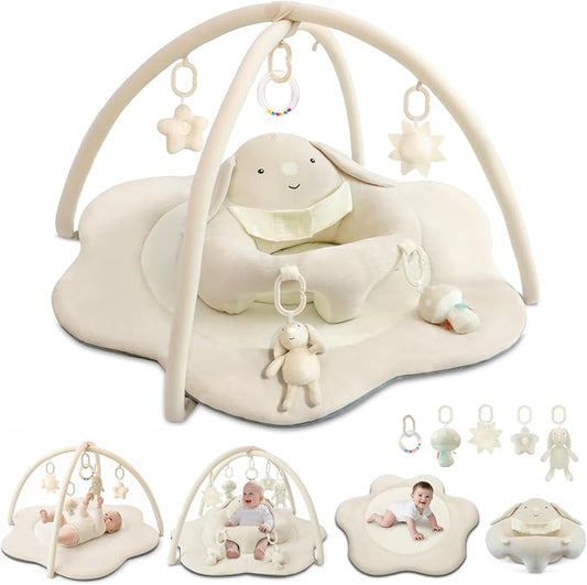3-in-1 Baby Play Mat & Baby Seats for Infants for Sitting Up, Tummy Time Gym Activity Mat with 5 Detachable Toys, for Babies 0-6-12-18 Months, Newborn Babies Shower Gifts(Beige)