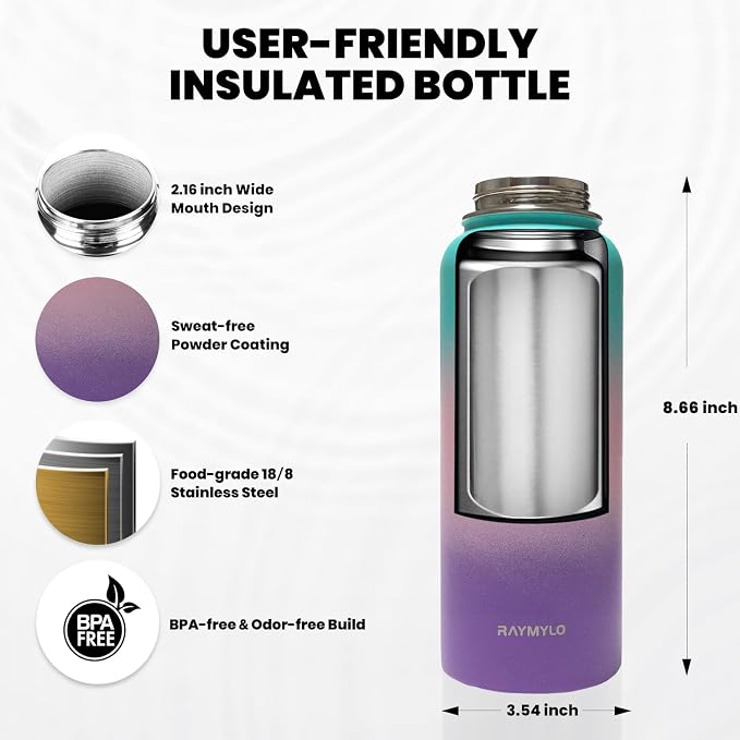 RAYMYLO Insulated Water Bottle 32 oz, Triple Wall Vacuum Stainless Steel | (Cold for 24Hrs, Hot for 12Hrs), Leak Proof & Non-BPA, Modern Water Flask Jug with Paracord Handle & Straw Spout Lids
