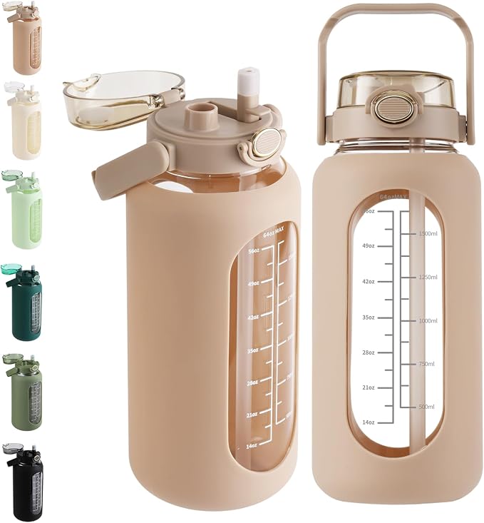 42 oz Glass Water Bottle with 2-in-1 Straw Lid Large Half Gallon Water Bottle with Time Marker & Removable Silicone Sleeve,Wide Mouth BPA-Free Borosilicate Bottle for Gym, Workout & Daily Use