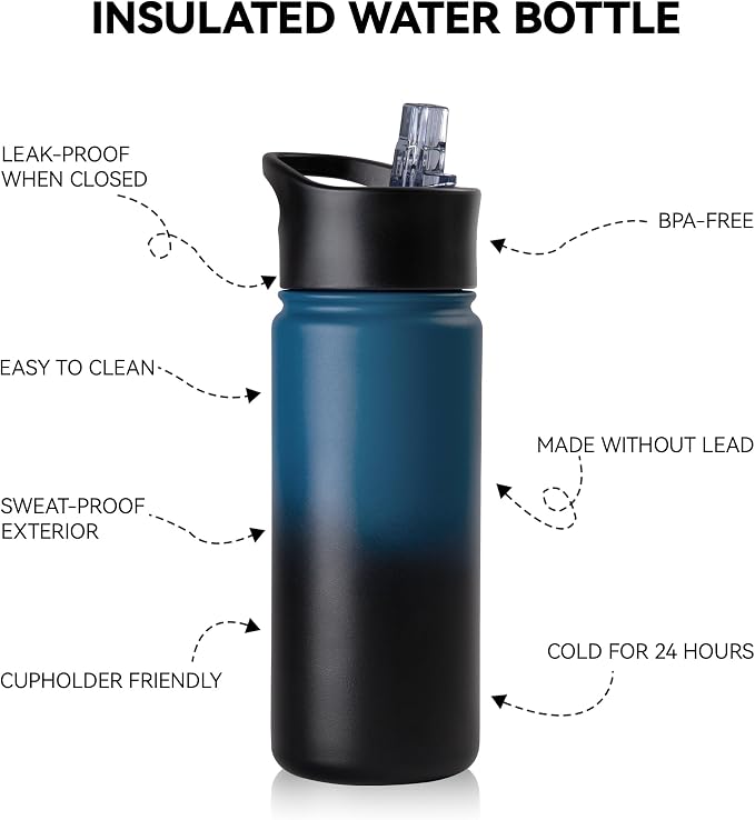 16 oz Insulated Water Bottle for School, Straw & Spout Lid, Keep Cold 24H, Spill Proof, BPA-Free, Double Wall Stainless Steel Kids Water Bottles for Sports, Gym, Travel, Blue Black Gradient