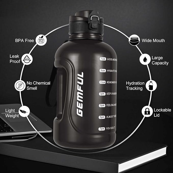 GEMFUL 2 Liter Water Bottle with Time Marker & Handle for Workout (Black) | BPA-Free, Leak-proof, 64oz Capacity, Tracks Daily Intake,Strawless, Chug Lid, for Gym, Fitness, Hiking, Sport, Camping