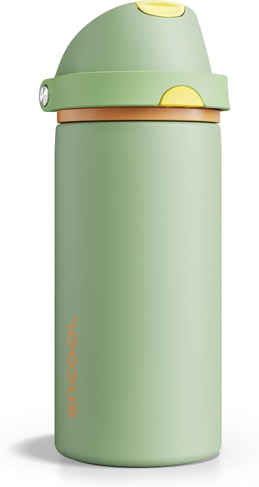 Insulated Water Bottle with Straw - Encool Stainless Steel Water Bottle with Push Button Lid, Leak-Proof & BPA-Free, Keeps Cold for 24 Hours for Sports, Travel, Gym (18 oz, Lichen-Yellow)