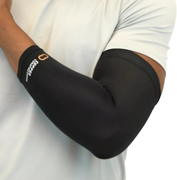 Copper Compression Arm Sleeve - Copper Infused Full Arm Brace for Forearm, Bicep, Triceps - Tennis Elbow, Basketball, Golf, Arthritis, Tendonitis, Bursitis, Post Surgery Rehab - Odor Resistant - Black - L