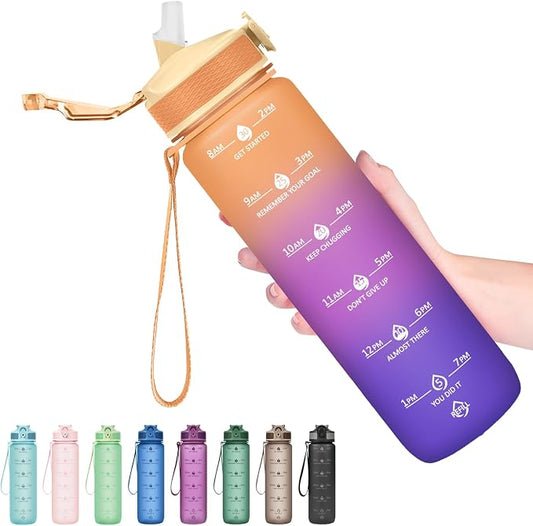 Hyeta Plastic Water Bottle With Straw & Time Marker, 32oz Leakproof Jug | Motivational Tritan BPA Free Gym Office Outdoor Intake Tracker Hourly Reminder Straw Lid Lightweight