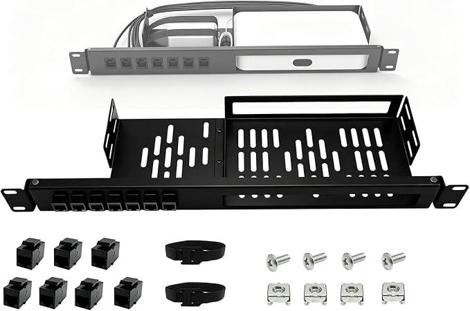 19-inch 1U Metal Rack Mount for Ubiquiti UCG-Fiber & UXG-Fiber - Hinged Rack Tray with 7 CAT6 Keystones, Power Bay, Ventilated Steel Shelf, Black