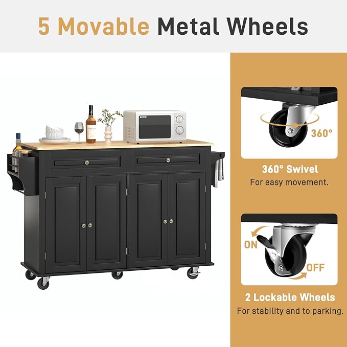 Hlivelood 55" Movable Kitchen Island with Drop Leaf and Power Outlet, Rolling Cart with Storage Cabinet, Island Table on Wheels for Kitchen with 2 Drawers, Spice Rack, Towel Bar, Garage Hook, Black