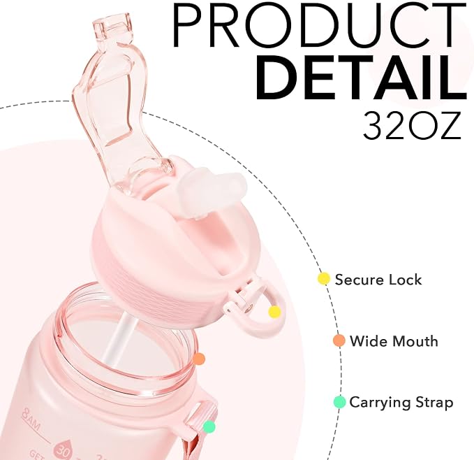 Hyeta Plastic Water Bottle With Straw & Time Marker, 32oz Leakproof Jug | Motivational Tritan BPA Free Gym Office Outdoor Intake Tracker Hourly Reminder Straw Lid Lightweight