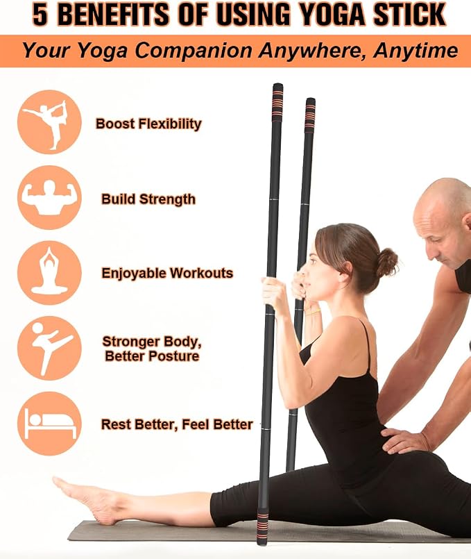 Queension 5ft Yoga Stick Adjustable Stretching Bar for Mobility & Balance | Heavy-Duty Steel Multi-Functional Fitness Pole with 4 Steel Rods & Comfort Foam Grips