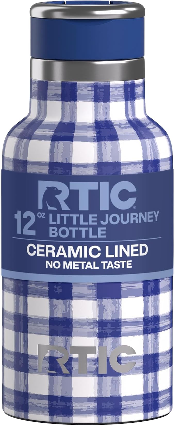 RTIC Little Journey Water Bottle with Straw, Ceramic-Lined, Insulated, Stainless Steel, Metal, Double Wall Vacuum-Insulation, Leak-Proof Lid, BPA-Free Water Flask for Sports, Travel, Cobalt Gingham