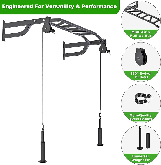 SELEWARE 48'' Heavy Duty Wall Mount Pull Up Bar with Cable Pulley System | Multi-function Chin up Bar with Cable Pulleys LAT Pulldown Attachments Heavy Bag Hanger for Home/Garage Gym Strength Training