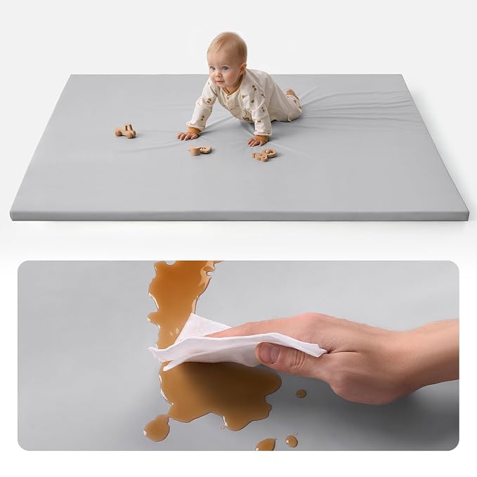 Blissful Diary Vegan Leather Baby Play Mat, 71''x59'', Light Gray | thick cushion, safe and soft fabric, waterproof and wip clean, indoor use, non-slip bottom, stylish mordern decor