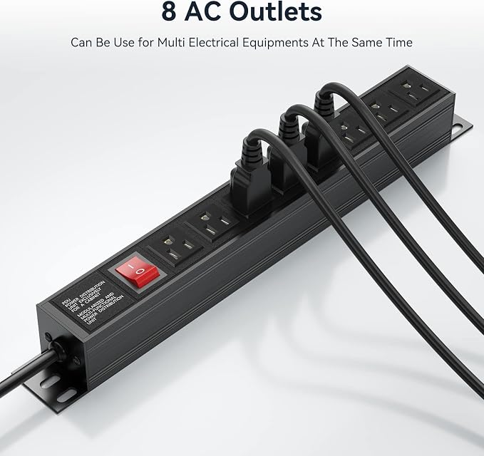 Heavy Duty Power Strip,8 Outlet Metal Power Strips Wall Mount, 1.6 inch Wide Spaced Industrial Surge Protector, Garage Outlet for Shop Workshop Power Strip with Switch & 6 FT Extension Cord, 300J