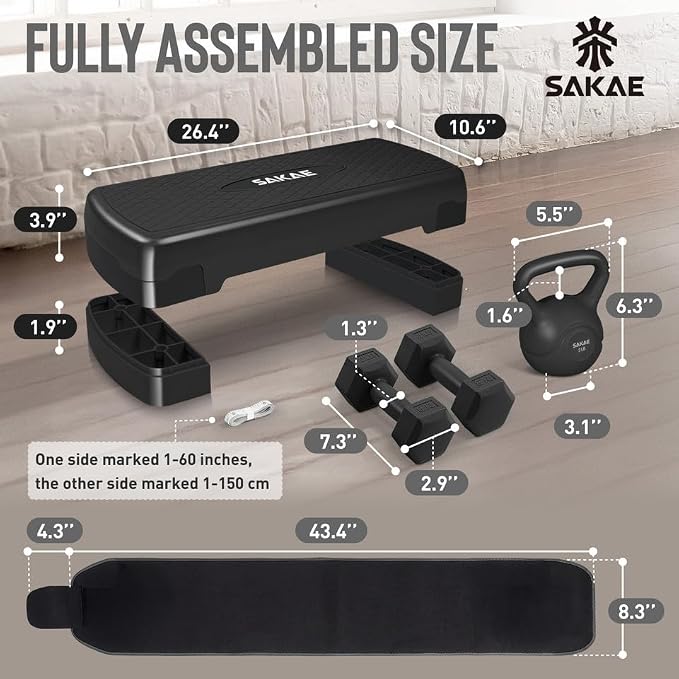 Adjustable Height Aerobic Stepper Set, Multiple Bundle Options with Dumbbells, Kettlebell, Waist Trimmer, Ankle Weights or Weighted Vest, Workout Exercise Step Platform w/Level Risers, 4 Colors