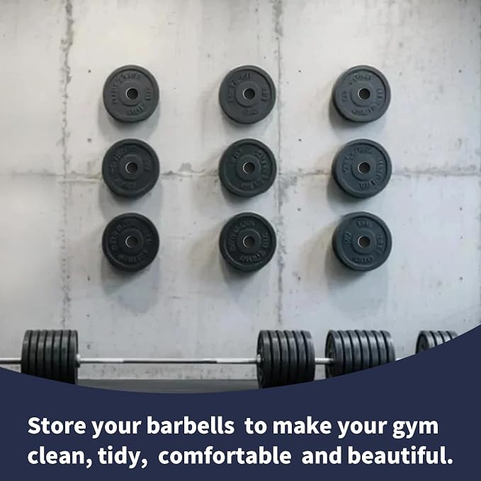 Wall Mounted Weight Plate Rack, Olympic Weight Plate Holder, 2-Inch | Heavy-duty steel organizer for home gym and garage gym use supports 275 lb with hardware for wood studs or concrete.