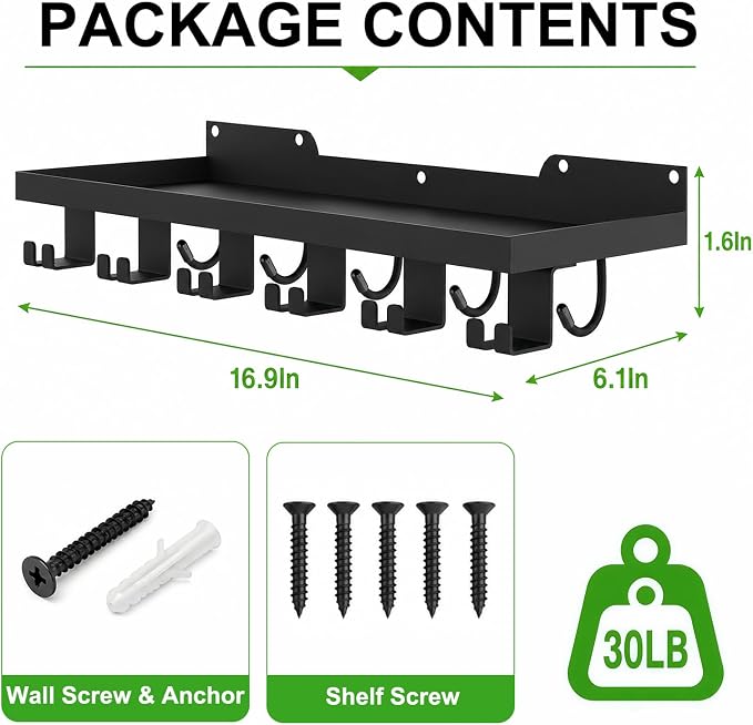 16.9x6 Inch Metal Shelf Compatible with Tonal Accessories, Floating Shelf Organizer for Home Gym Storage, 5 T-Lock Adapters Bracket Hanger, Gym Rack Wall Mounted with Hooks, Black Workout Holder