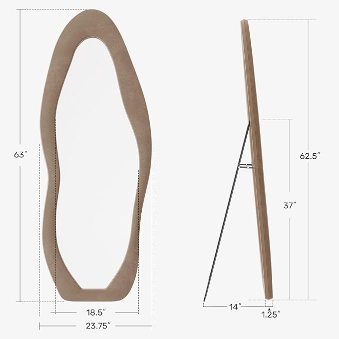 Irregular Full Length Mirror Flannel 63"x24" Full Body Mirror | Velvet Floor Mirrors with Stand, Irregular Wavy Mirror Hanging or Leaning Against Wall for Bedroom Living Room, Brown