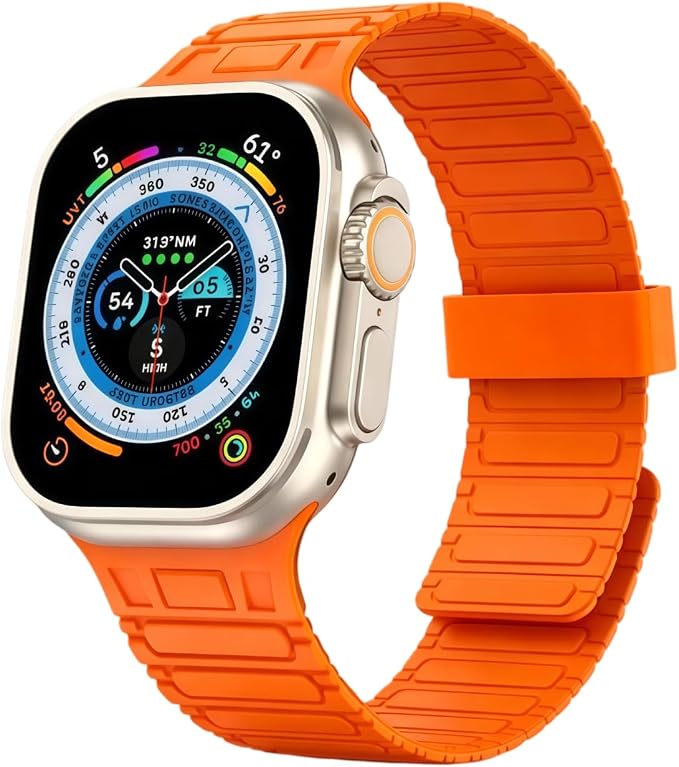 Magnetic Band Compatible with Apple Watch Ultra 3/2/1 Band for Men 49mm 46mm 45mm 44mm 42mm, Silicone Sport Waterproof Loop Strap Magnet Link for iWatch Series SE 11 10 9 8 7 6 5 4 3 2 1(Orange)