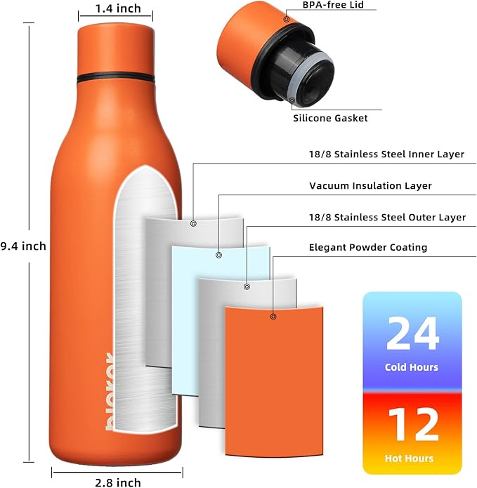BJPKPK 18oz Insulated Water Bottle, Stainless Steel Bottle with Carry Strap | Keep Cold & Hot Vacuum Insulation, Leak-Proof BPA-Free Design, Slim Bottle Fits Most Cup Holders for Gym, Office & Travel