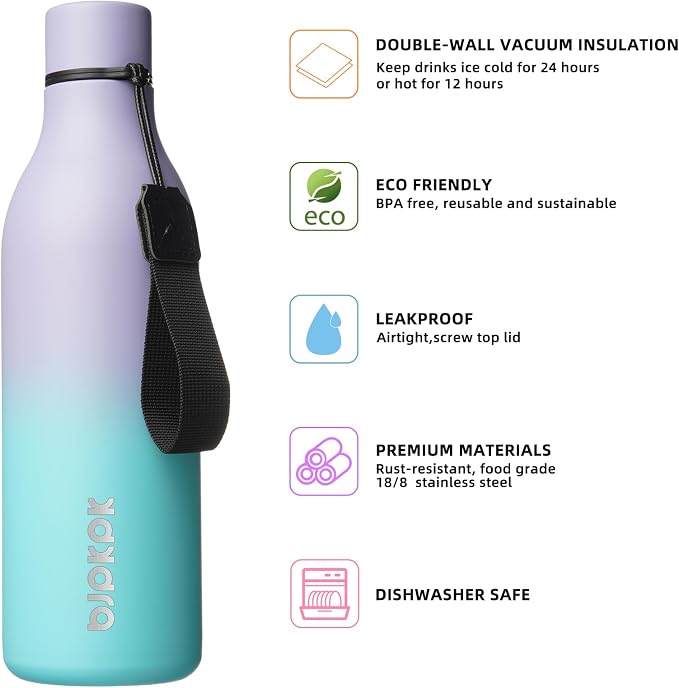 BJPKPK 25oz Insulated Water Bottle, Stainless Steel Bottle with Carry Strap | Keep Cold & Hot Vacuum Insulation, Leak-Proof BPA-Free Design, Slim Bottle Fits Most Cup Holders for Gym, Office & Travel