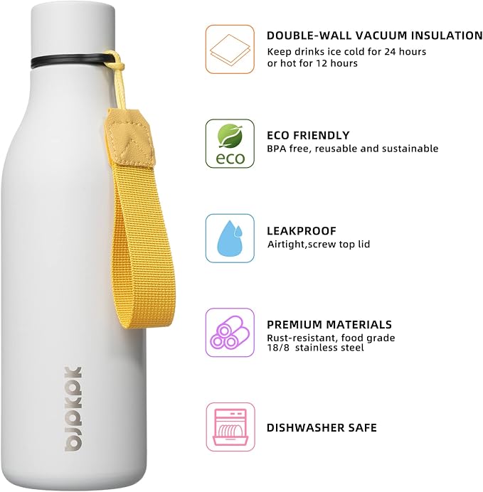 BJPKPK 18oz Insulated Water Bottle, Stainless Steel Bottle with Carry Strap | Keep Cold & Hot Vacuum Insulation, Leak-Proof BPA-Free Design, Slim Bottle Fits Most Cup Holders for Gym, Office & Travel