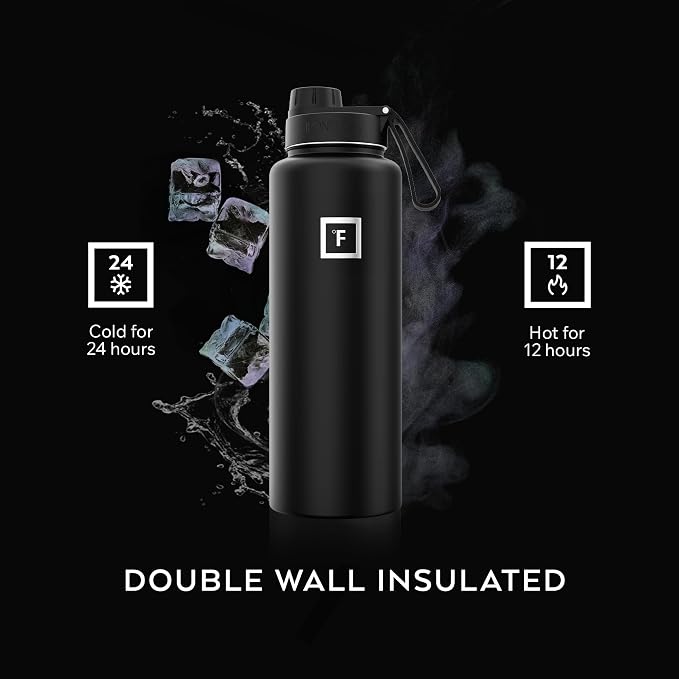IRON °FLASK 40 oz Wide Mouth Water Bottle with Spout | Insulated Stainless Steel Sports Water Bottle with Leakproof Spout Lid - BPA Free, Cold 24 Hrs, Sweat Free (Midnight Black)