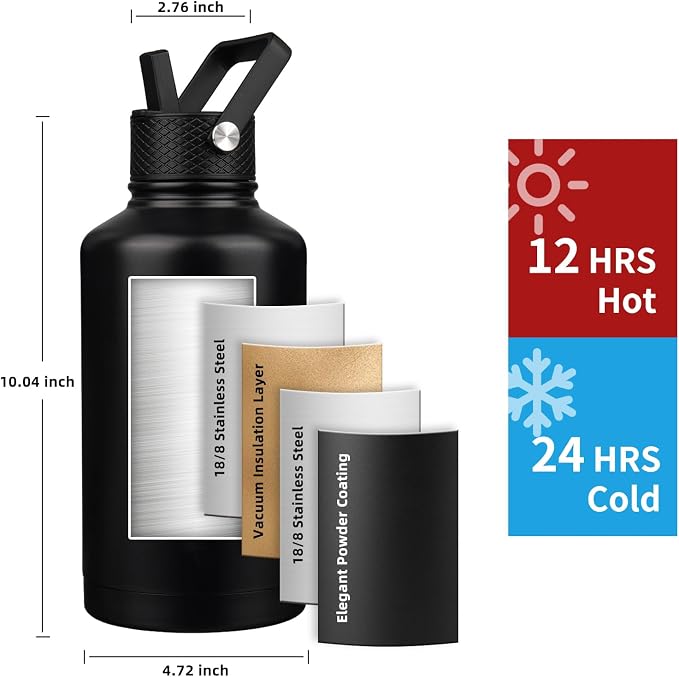 Insulated Water Bottle 64oz,Triple Wall Vacuum Stainless Steel(Dishwasher Safe),Leak Proof & Non-BPA,Flask Jug with Paracord Handle & Straw Spout Lids Sports Black
