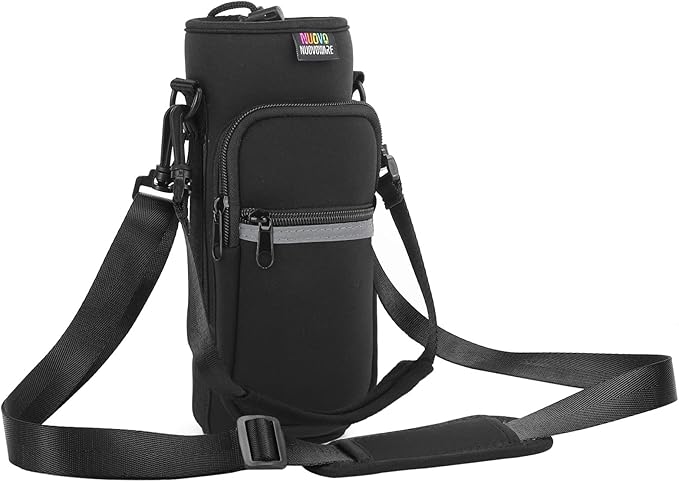 Nuovoware Water Bottle Carrier Bag, 25oz/32oz, Black | Adjustable Shoulder Hand Strap, 2 Pocket, Neoprene Sleeve, For Hiking Travelling Camping