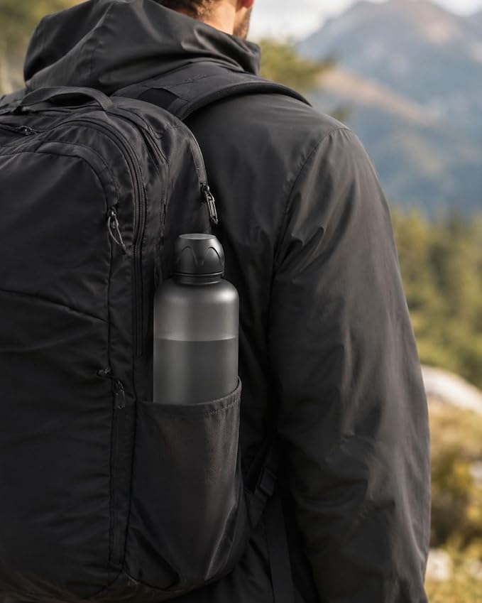 Slim Water Bottle 32 OZ with Stainless Steel Lid, Dishwasher Safe 1 Liter Plastic Water Bottle BPA-Free, Leakproof Lightweight with Time Marker, Reusable for Running School Sport Gym Travel Hiking