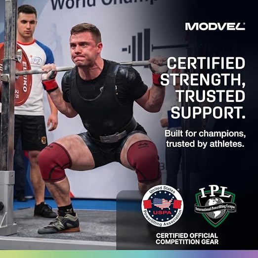 Modvel 7mm Neoprene Knee Sleeves for Men & Women Weightlifting & Powerlifting – Compression Knee Sleeve Support for Squats, Gym, Training – USPA, IPL Approved – Large Red (Pair)
