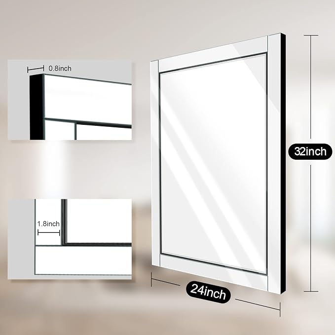 Syndra 24x 32 Rectangular Mirror for Bathroom, Bathroom Mirrors for Over Sink, Wall Mounted Vanity Mirror with Tempered Glass, Rust-Resistant Solid Wood Frame for Bathroom, Bedroom, Living Room
